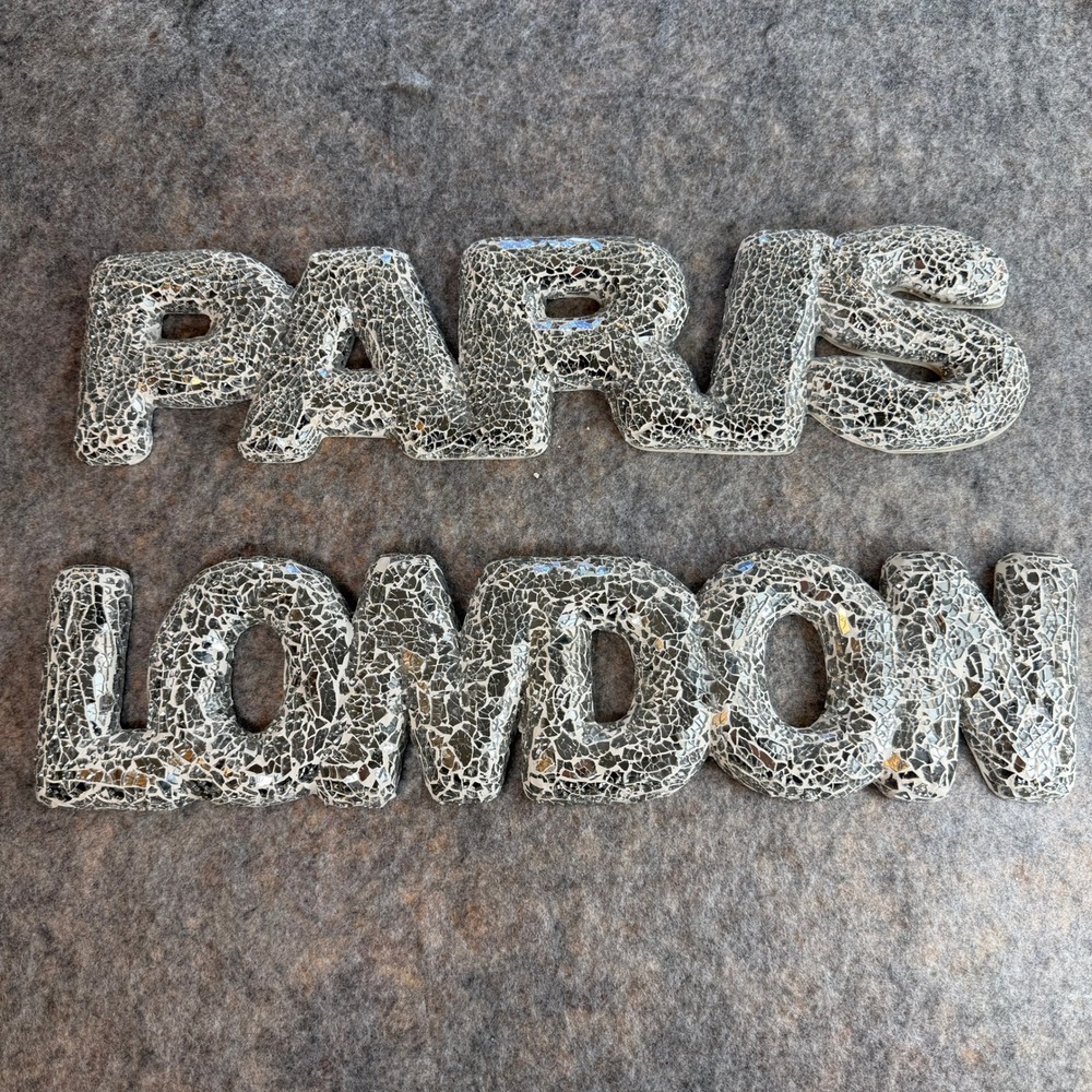 Paris London Mirror Decor Mosaic Wall Signs Silver Bubble Letters Disco Retro
